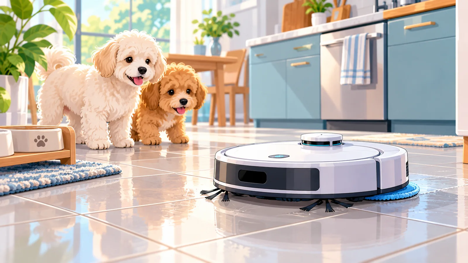 Robot aspirador con mopa en una cocina observado por dos perros pequeños