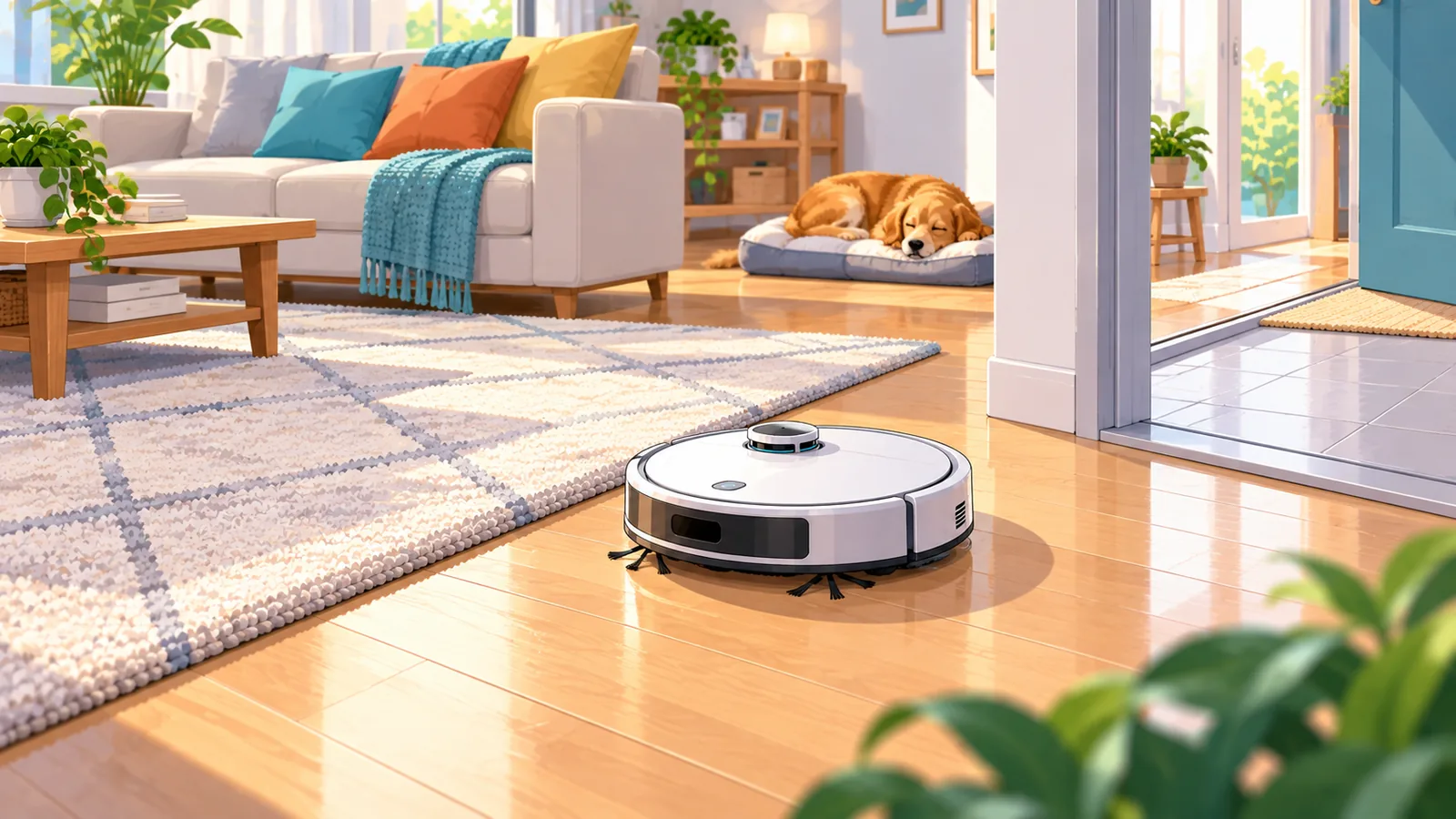 Salón con alfombra, umbral y sofá bajo por el que circula un robot aspirador