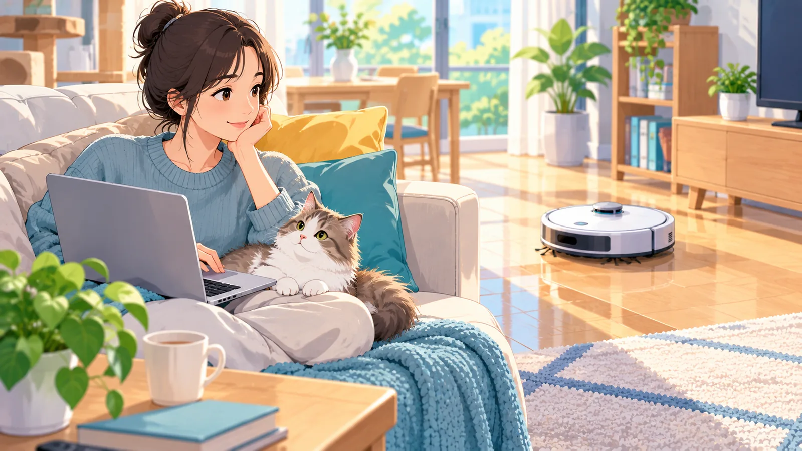 Persona con un gato en el regazo consultando dudas sobre robots aspiradores