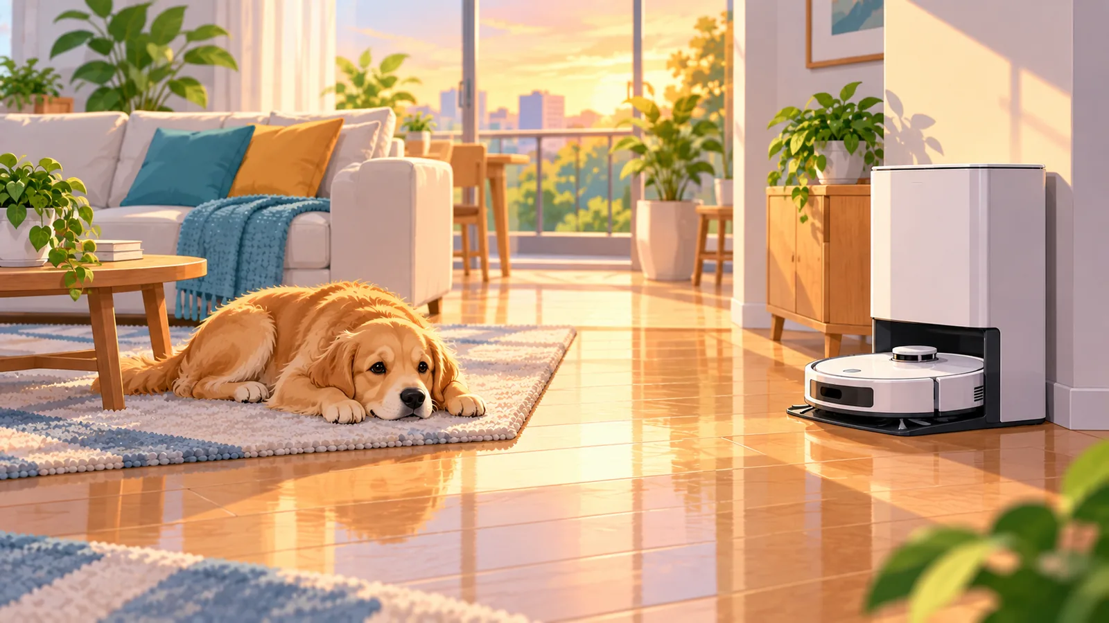 Salón limpio con un perro descansando y un robot aspirador en su base