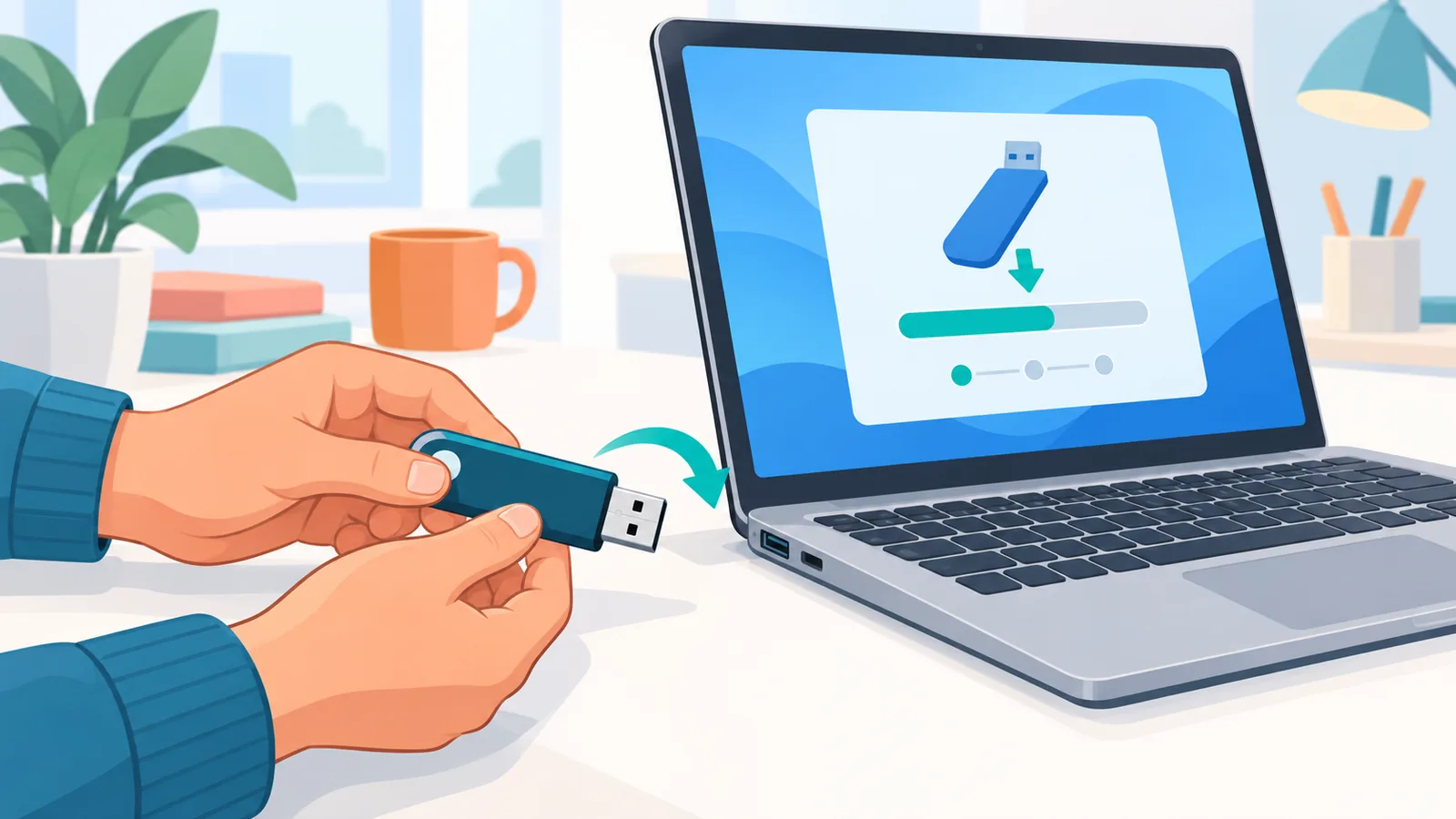 Mano con un USB de instalación junto a un portátil que muestra la pantalla de instalación de Windows