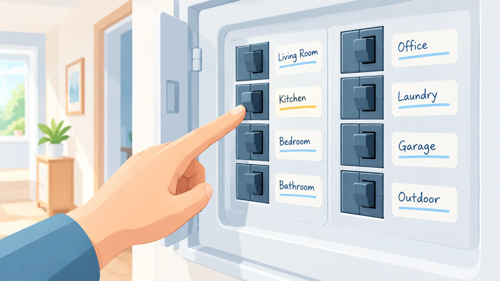 Mano señalando interruptores etiquetados por estancias en el cuadro eléctrico