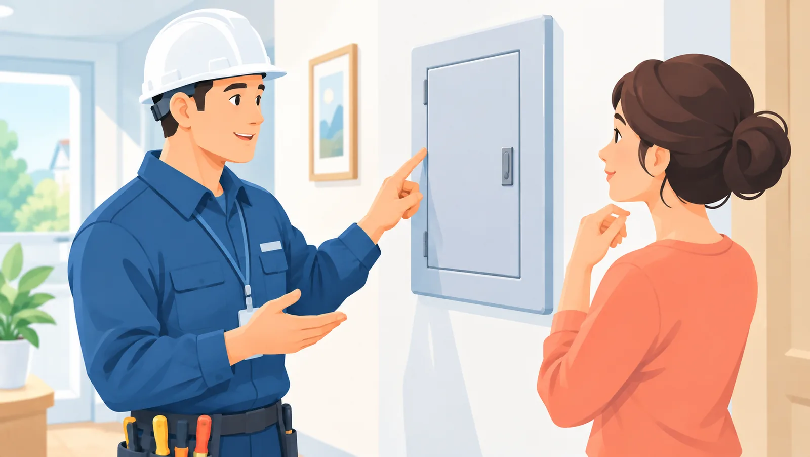 Electricista resolviendo dudas a un propietario junto al cuadro eléctrico