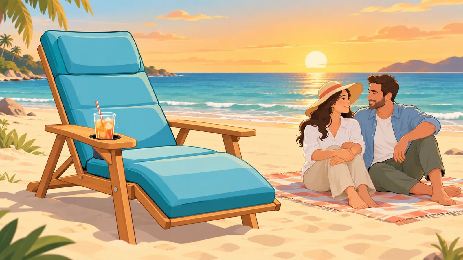 Silla de playa reclinable con portavasos y reposabrazos