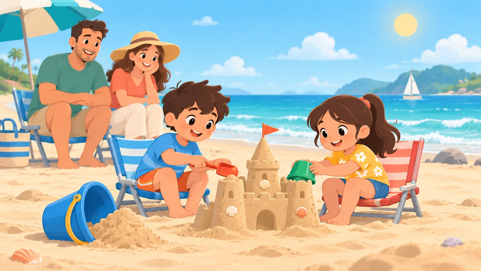 Niños sentados en sillas de playa bajas construyendo un castillo de arena