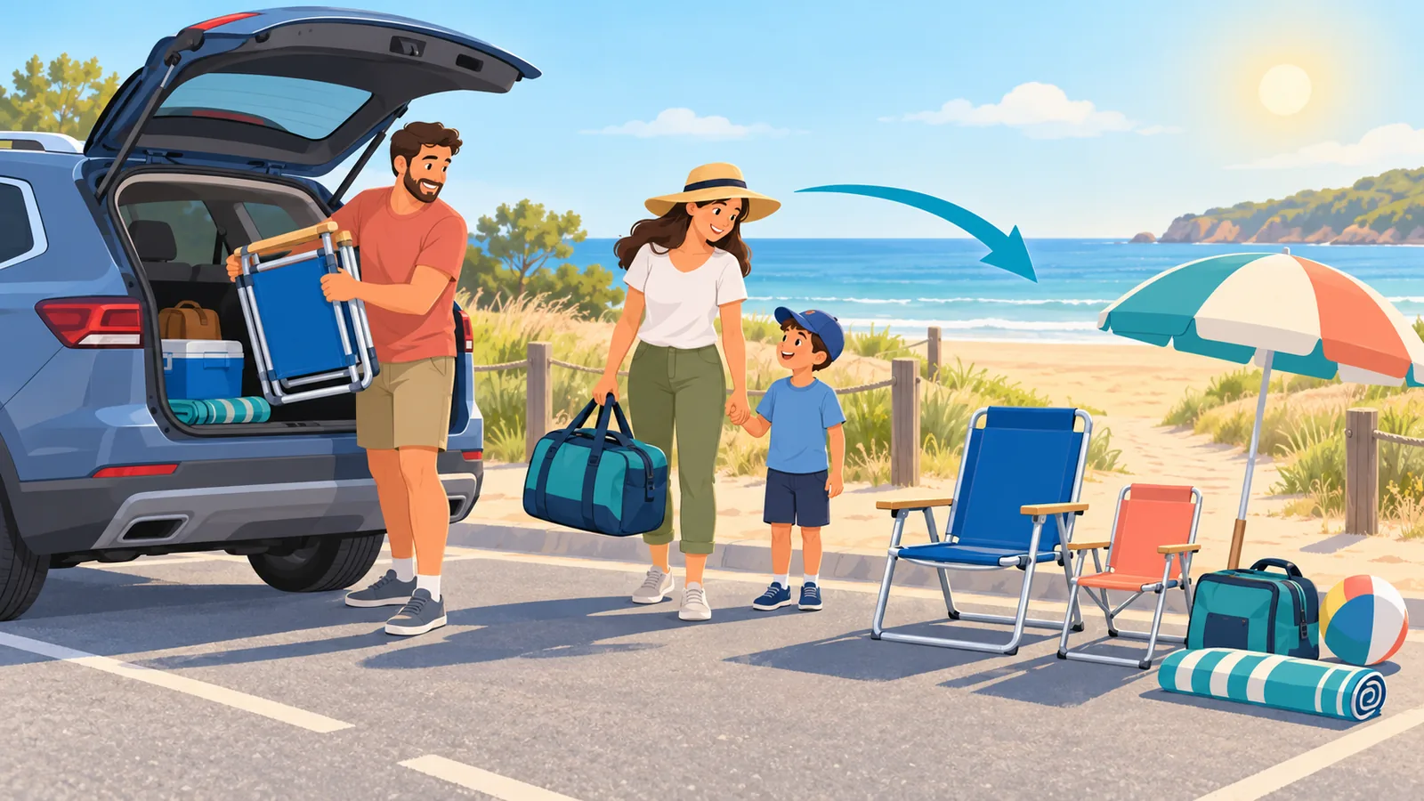 Familia descargando sillas de playa y equipaje del coche
