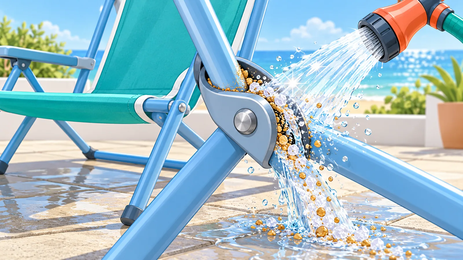 Silla de playa aclarada con agua dulce para quitar la sal