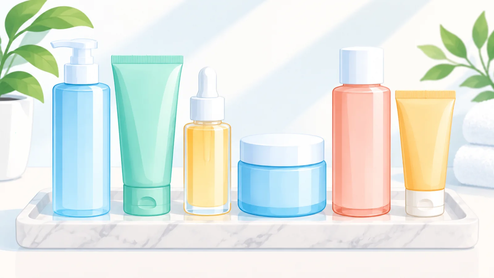 Anim na produktong skincare na nakahilera sa marble na tray