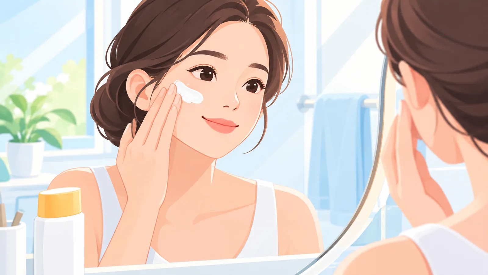 Babaeng naglalagay ng sunscreen sa pisngi sa harap ng salamin