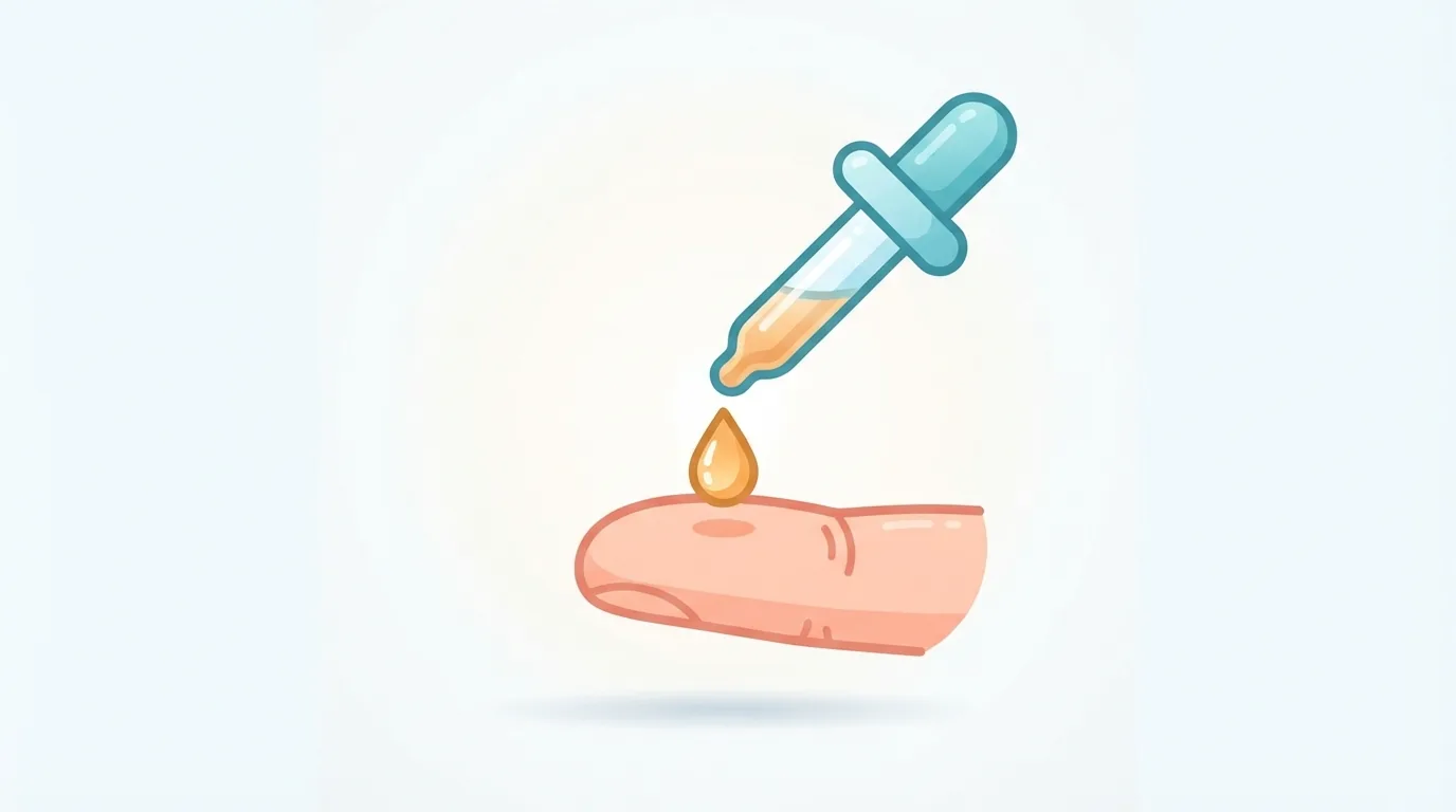 Patak ng serum mula sa dropper sa ibabaw ng daliri