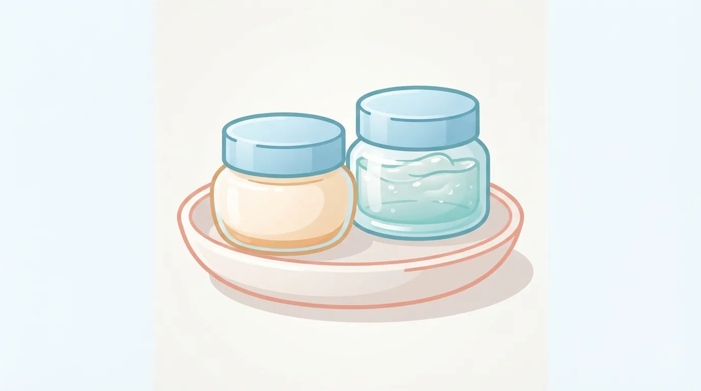 Garapon ng cream at gel moisturizer sa ceramic na plato