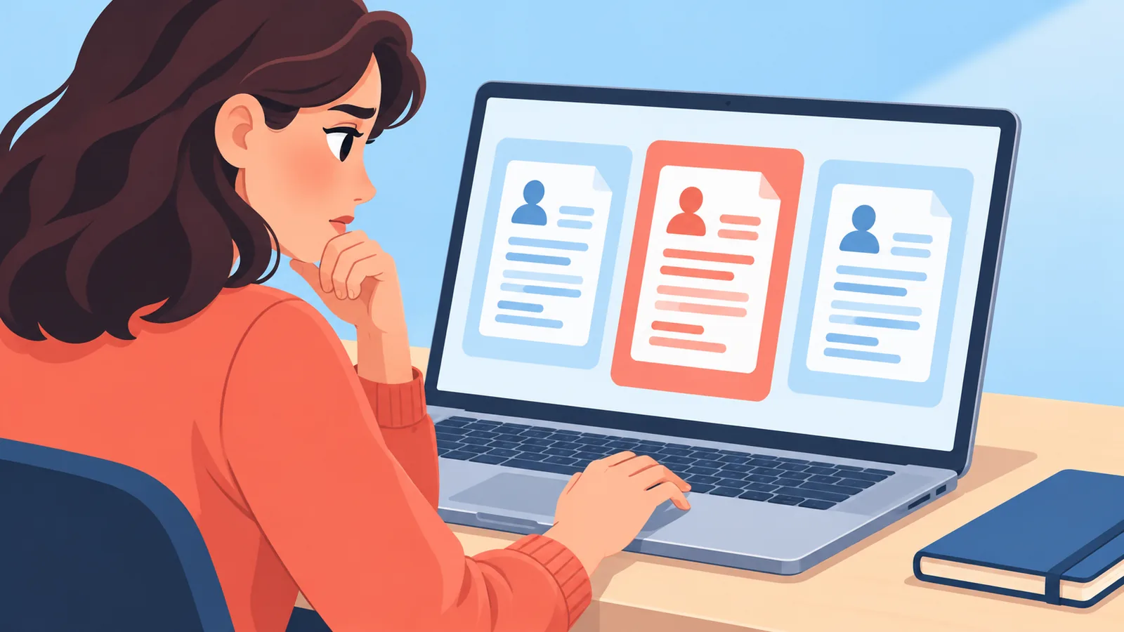 Naghahambing ang naghahanap ng trabaho ng tatlong opsyon sa resume sa laptop