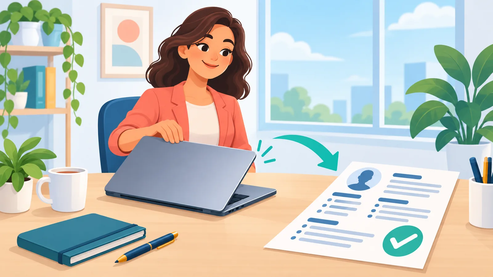 Kumpiyansang naghahanap ng trabaho katabi ng natapos na resume
