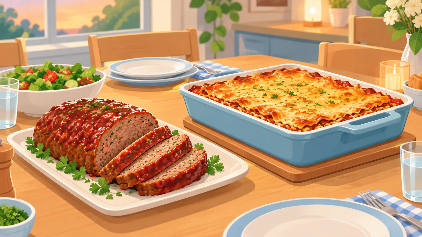 Hiniwang meatloaf at lasagna sa hapag-kainan ng pamilya
