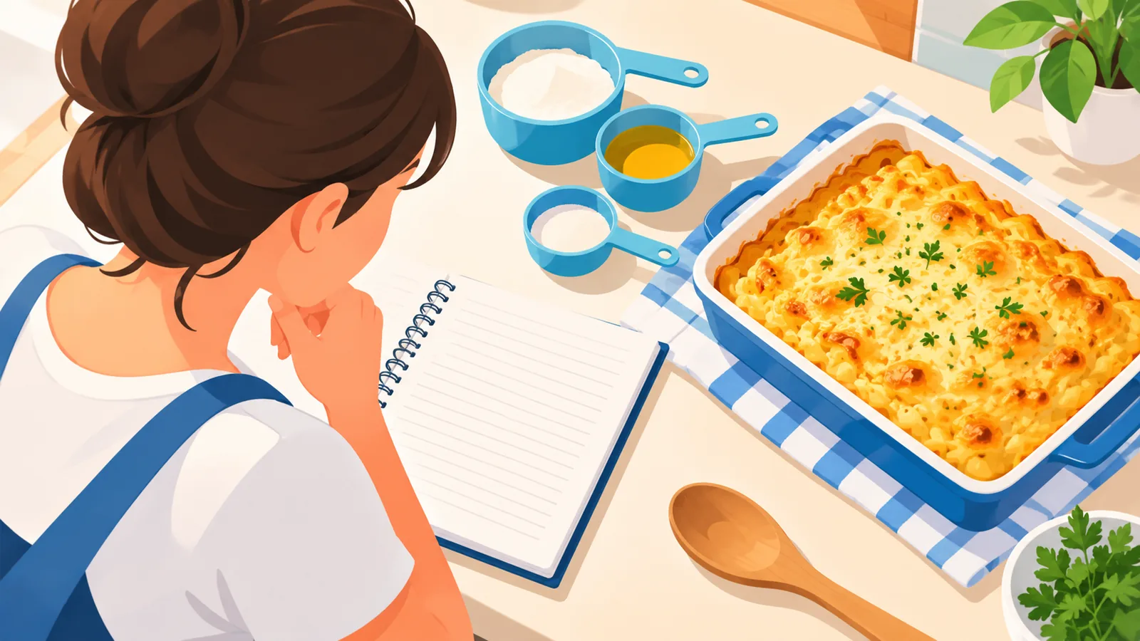 Nagluluto sa kusina na may kuwaderno, panukat, at natapos na putahe