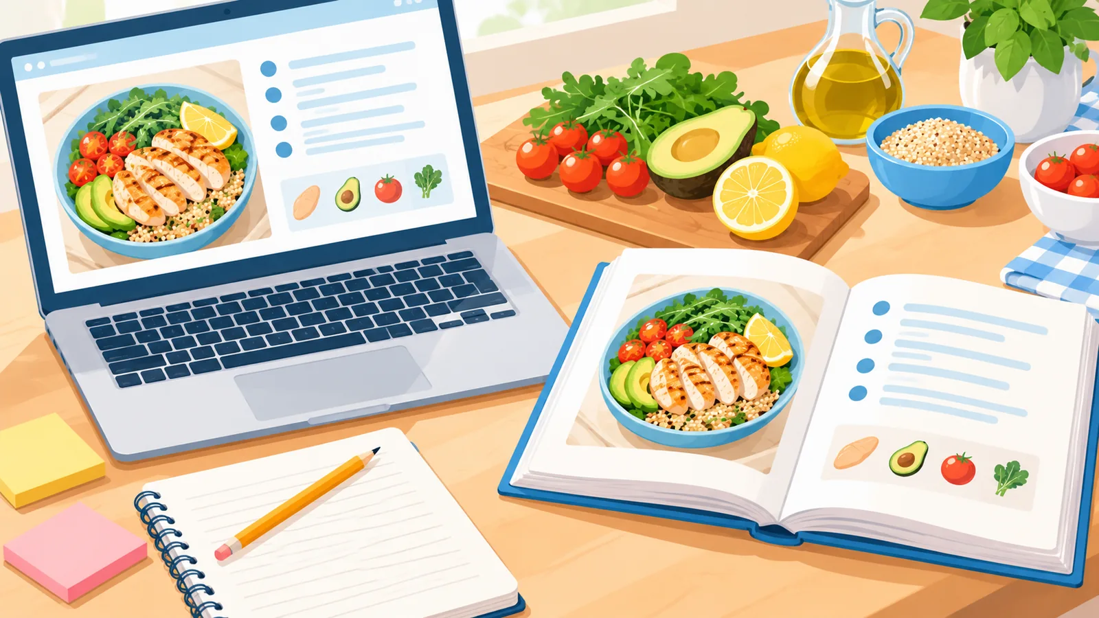 Mga recipe book at laptop na bukas sa magkahawig na recipe