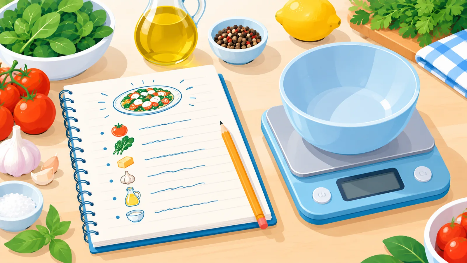 Sulat-kamay na draft ng recipe sa tabi ng digital na timbangan