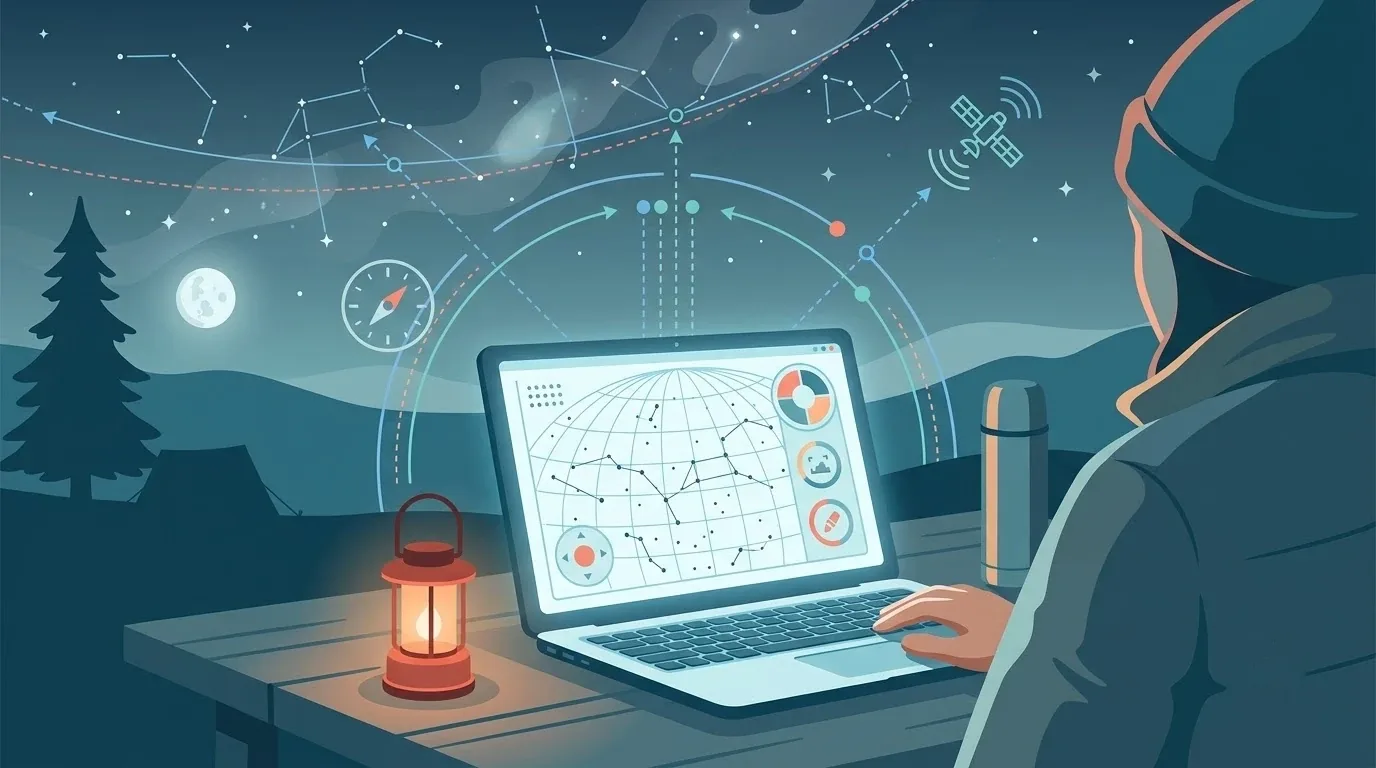 Taong gumagamit ng star map program sa laptop sa labas ng bahay