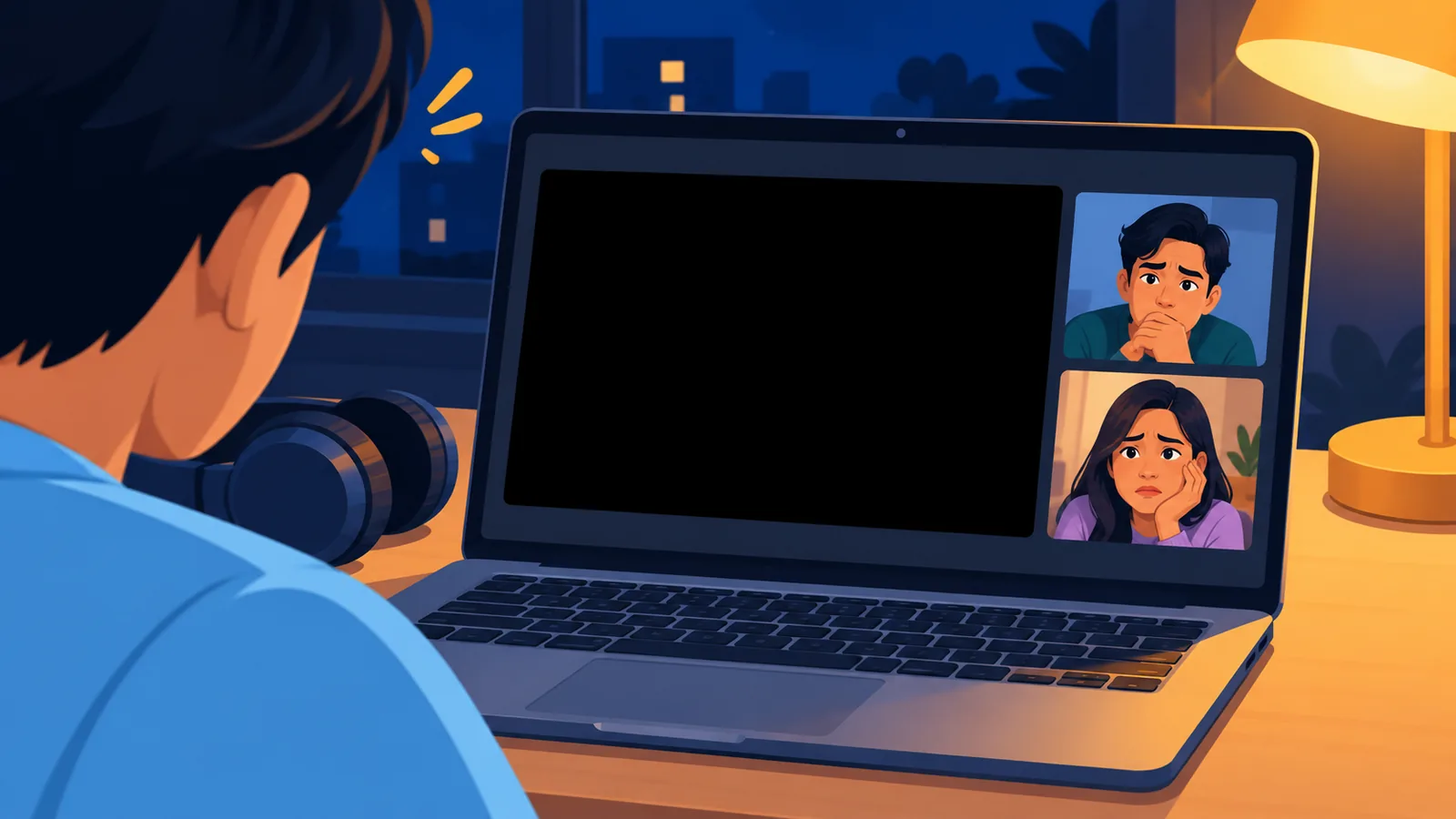 Laptop na may itim na shared screen sa Discord call