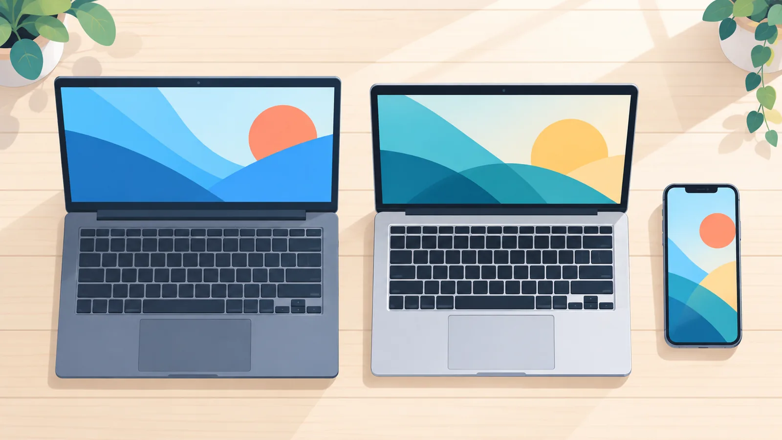 Laptop, MacBook, at smartphone na magkakatabi sa mesa