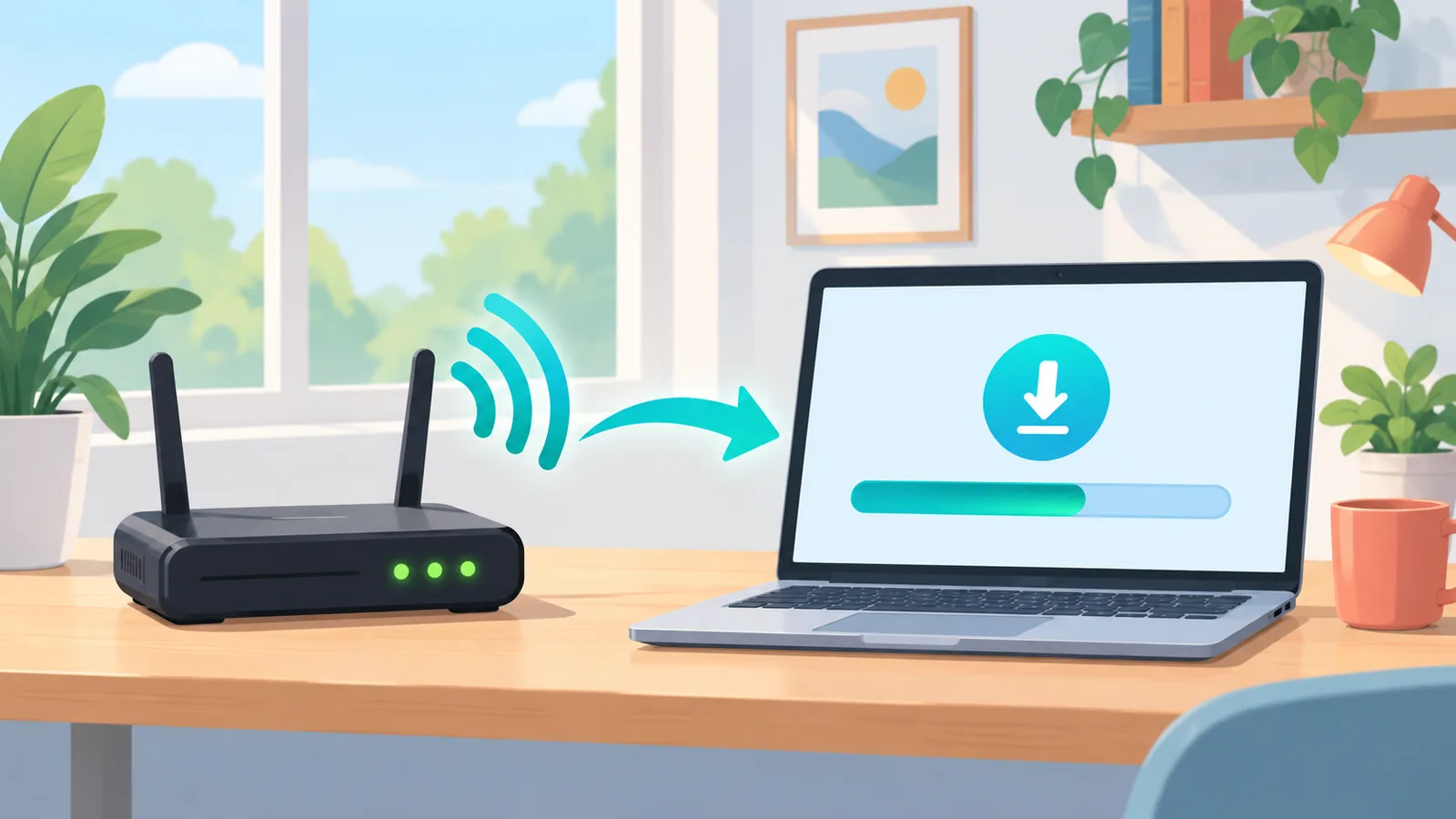 Wi-Fi router at laptop na nag-a-update