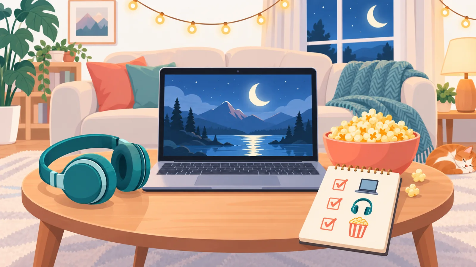 Movie night setup na may checklist at popcorn