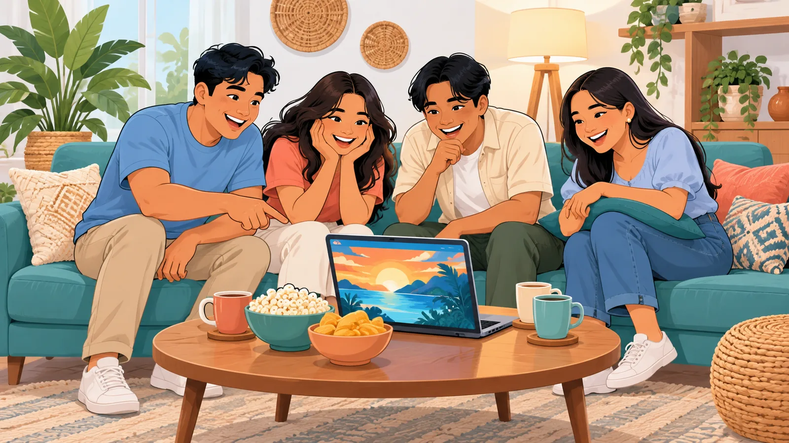 Grupo ng magkakaibigang masayang nanonood ng pelikula
