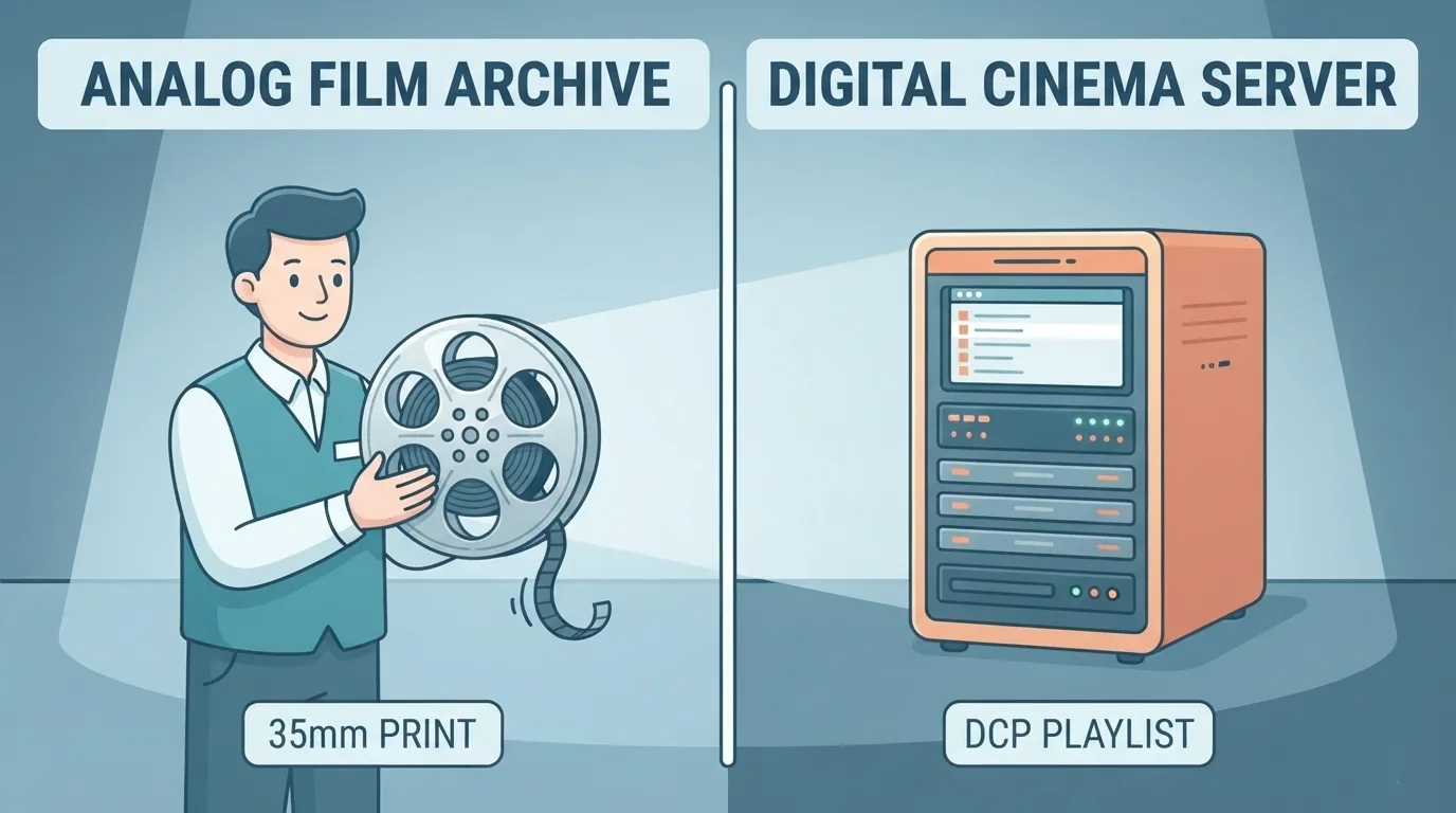 Projectionist na may hawak na lumang film reel sa tabi ng modernong digital na server