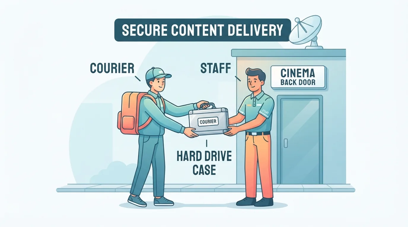 Courier na nag-aabot ng selyadong case ng pelikula sa kawani ng sinehan