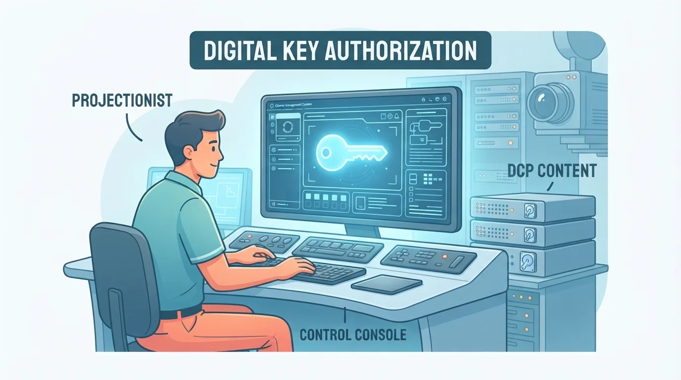 Technician ng sinehan sa computer na may ilaw na simbolo ng digital na susi