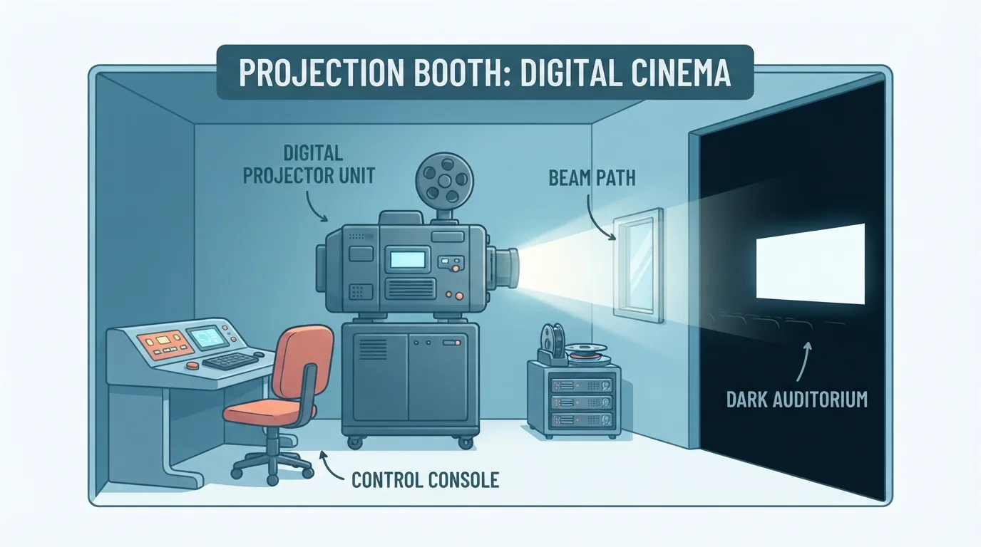 Digital na projector sa loob ng projection booth na nagpapalabas sa madilim na sinehan