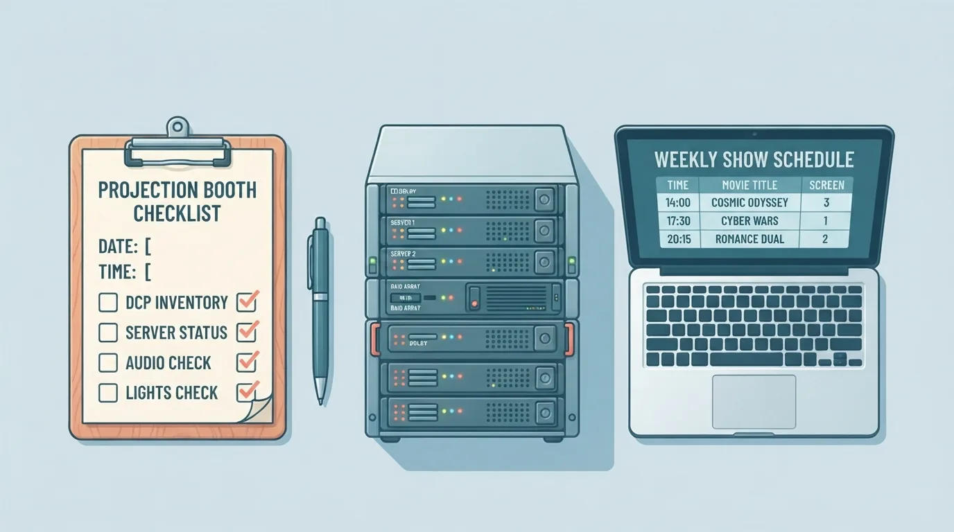 Checklist at laptop na may iskedyul ng palabas sa tabi ng server rack ng sinehan