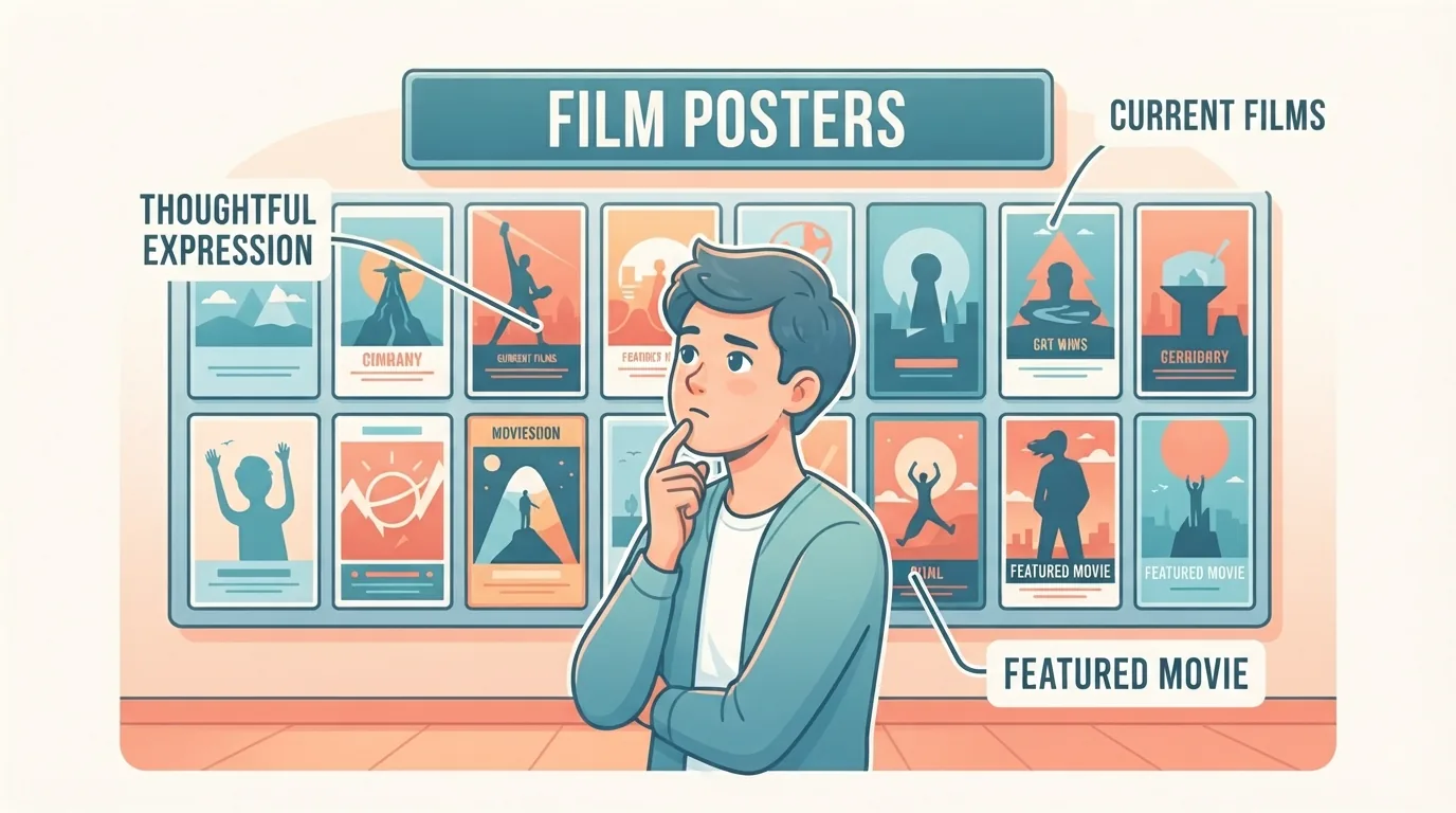Manonood na nag-iisip habang tinitingnan ang mga poster ng pelikula sa lobby