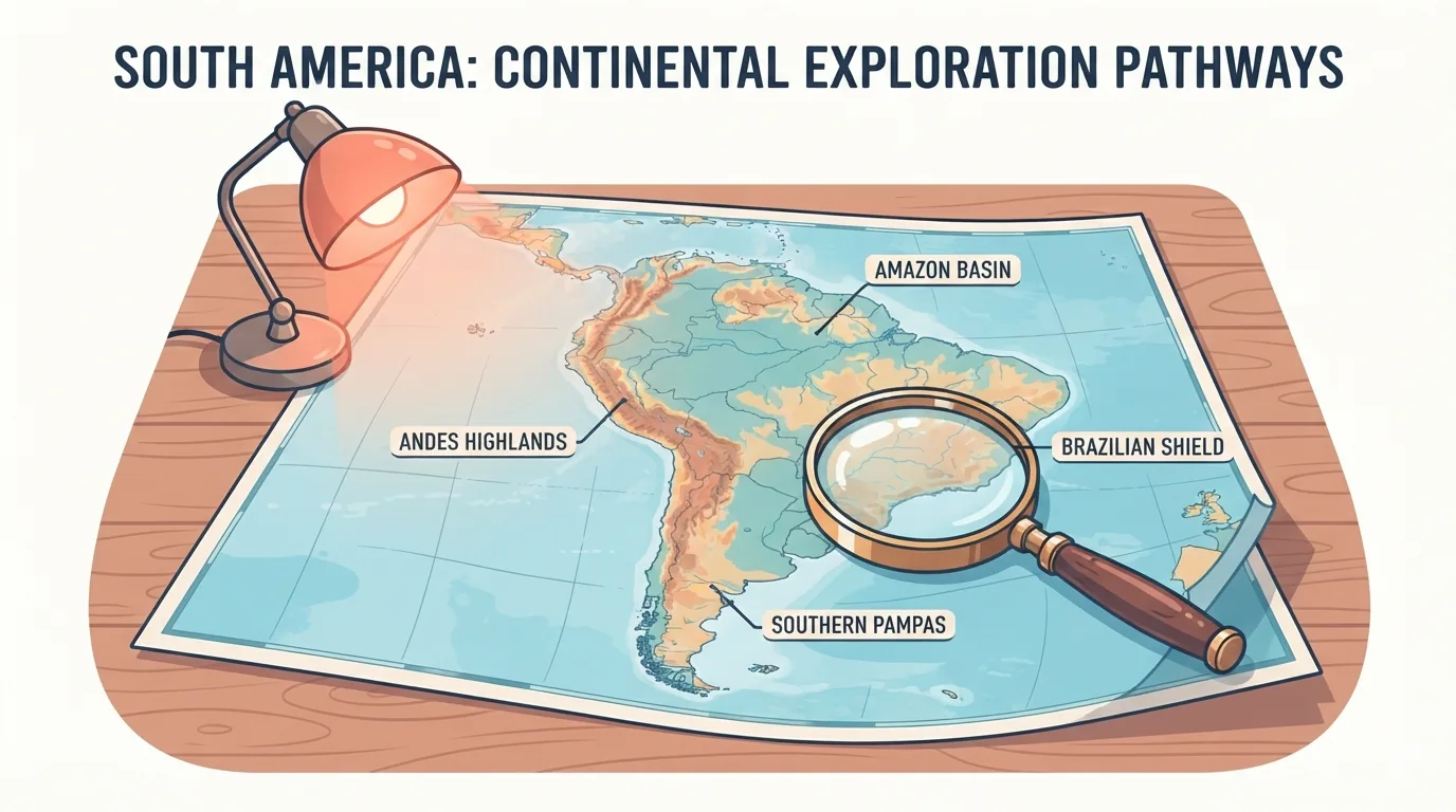 Lumang mapa ng South America sa mesa na may magnifying glass