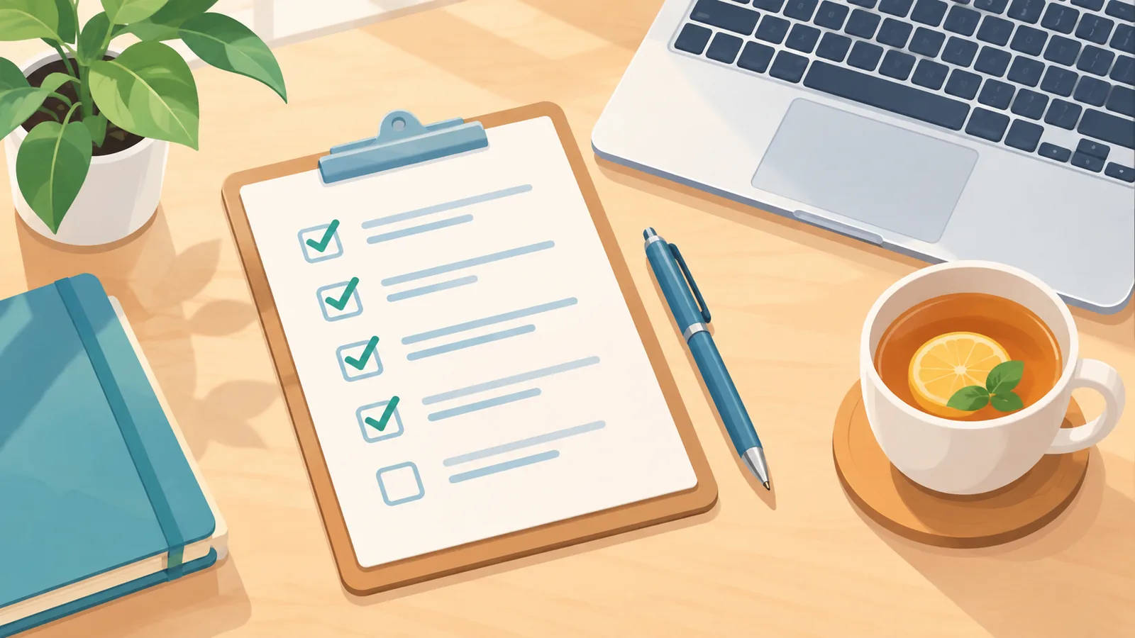 Clipboard na may checklist sa mesa katabi ng laptop
