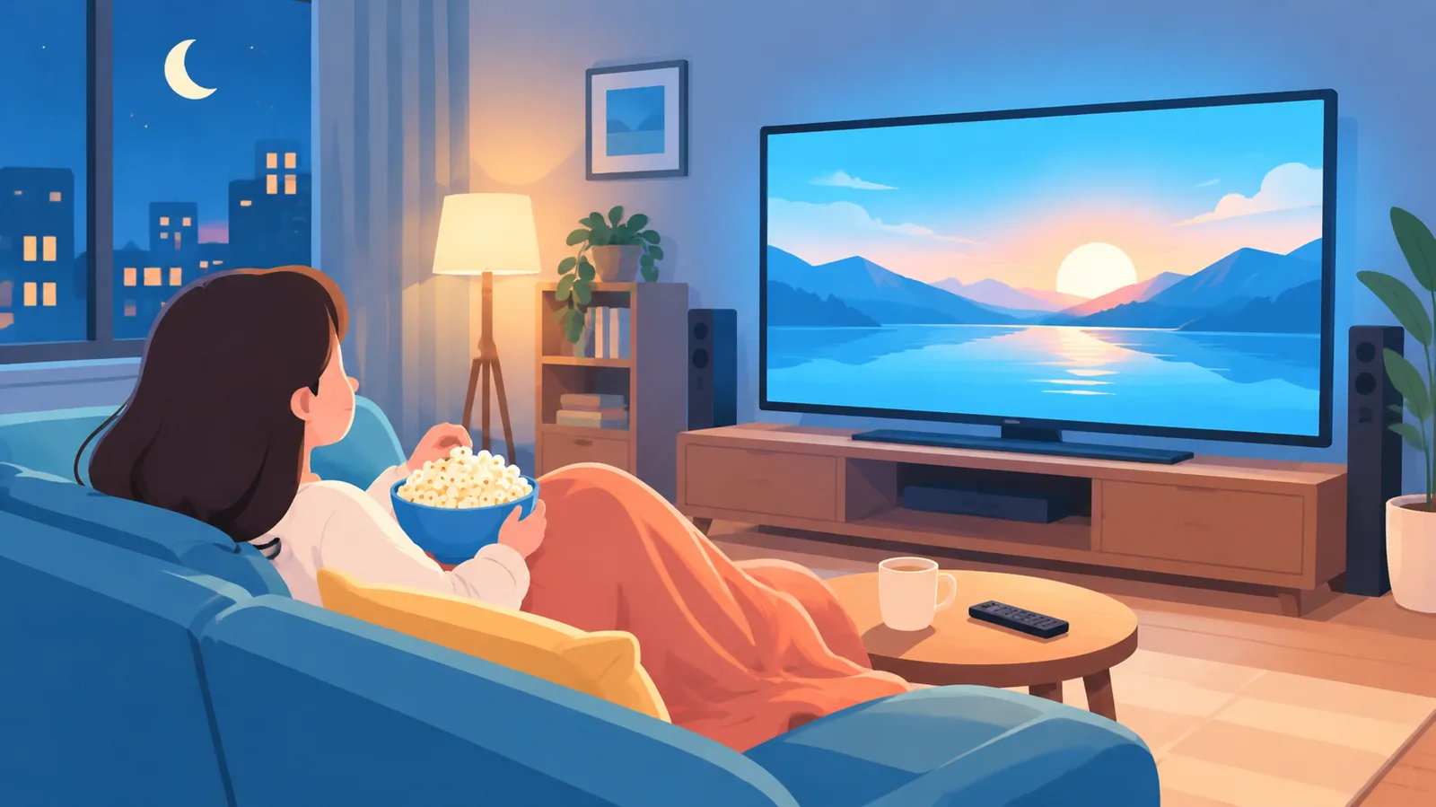 Tahimik na sala na handa para sa movie marathon