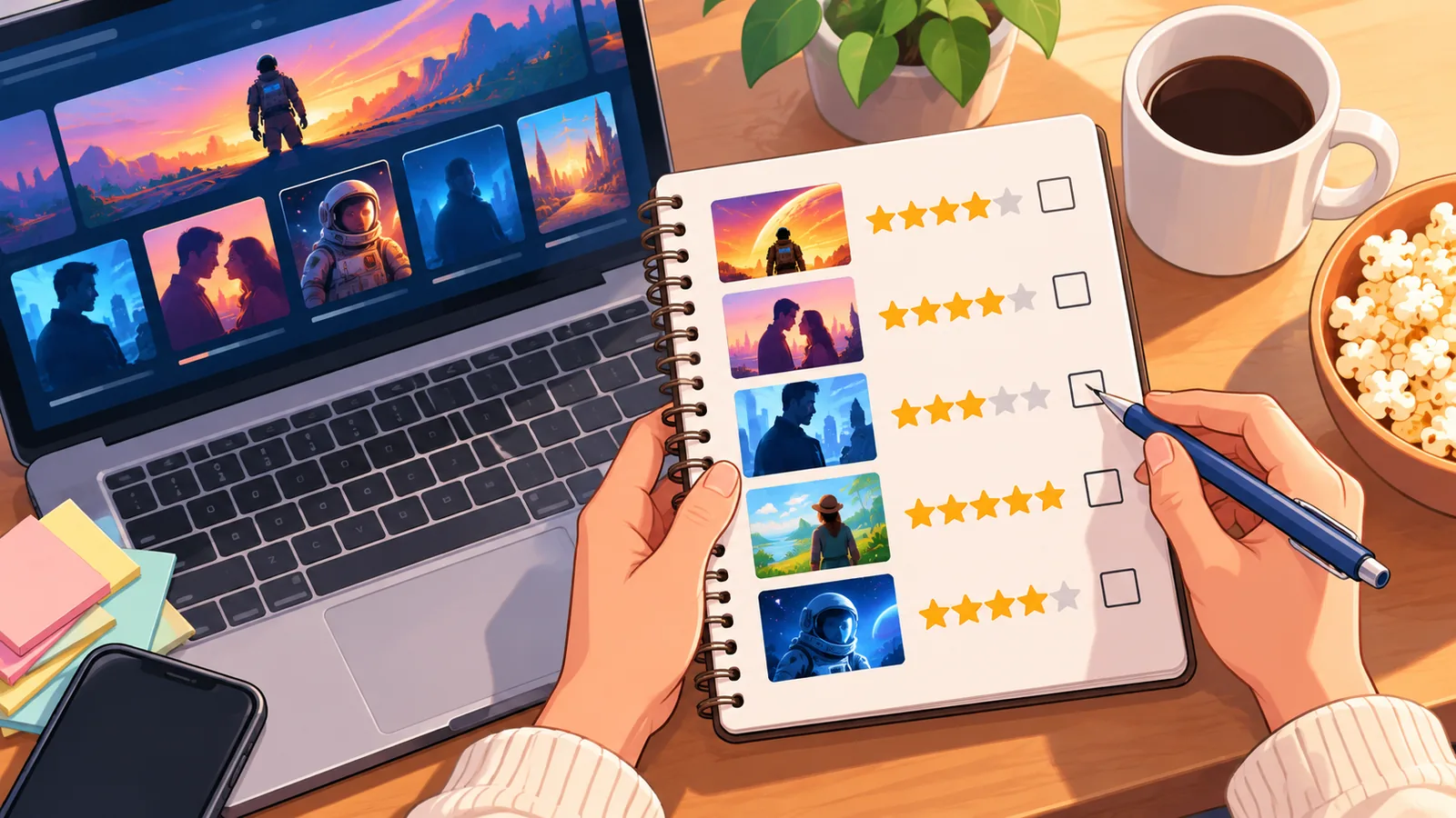 Kuwaderno ng mga rating ng pelikula sa tabi ng laptop