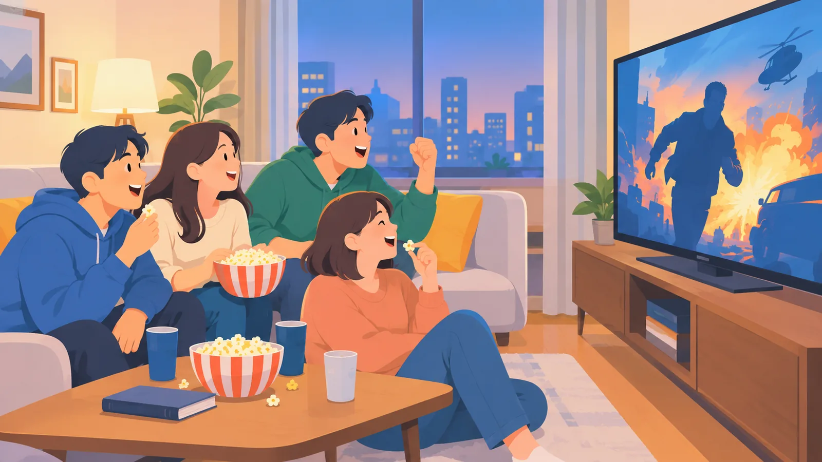 Magkakaibigang nanonood ng aksyon na pelikula sa bahay
