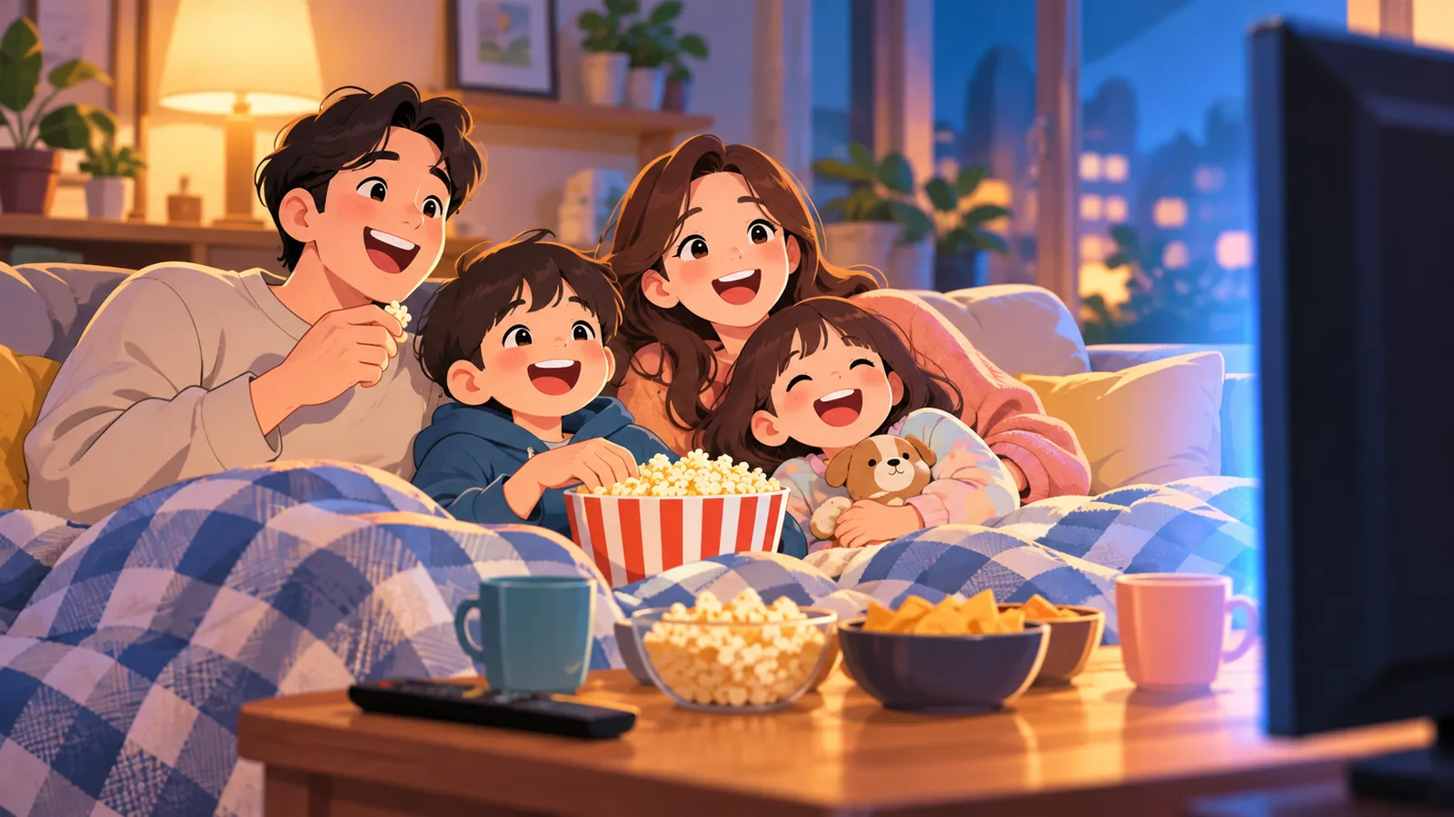 Pamilyang nanonood ng magaan na pelikula sa sofa