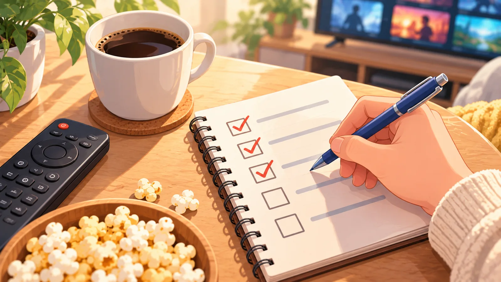 Kamay na nagtsek ng checklist sa tabi ng kape at remote