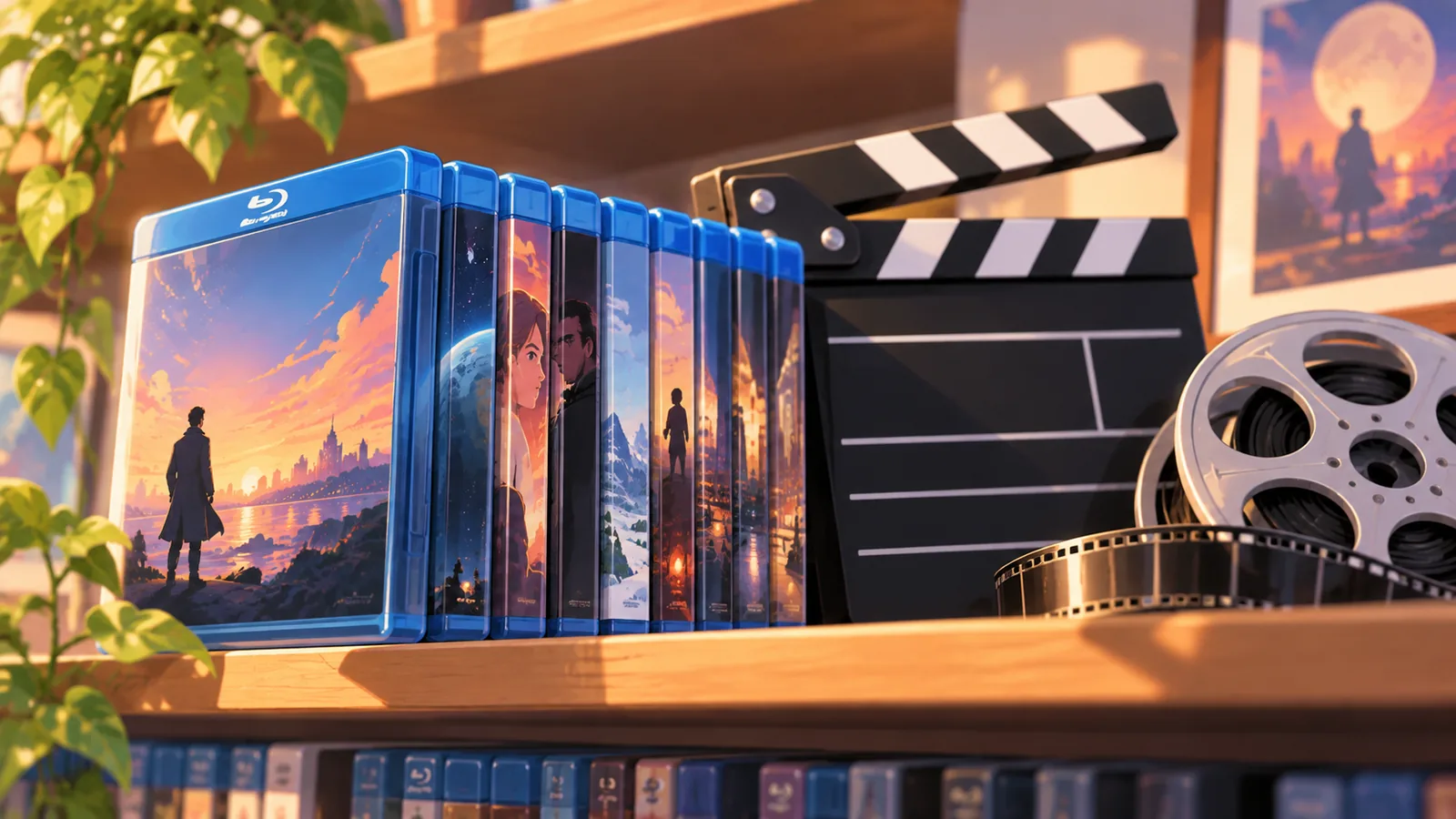 Mga kahon ng blu-ray at clapperboard sa estante