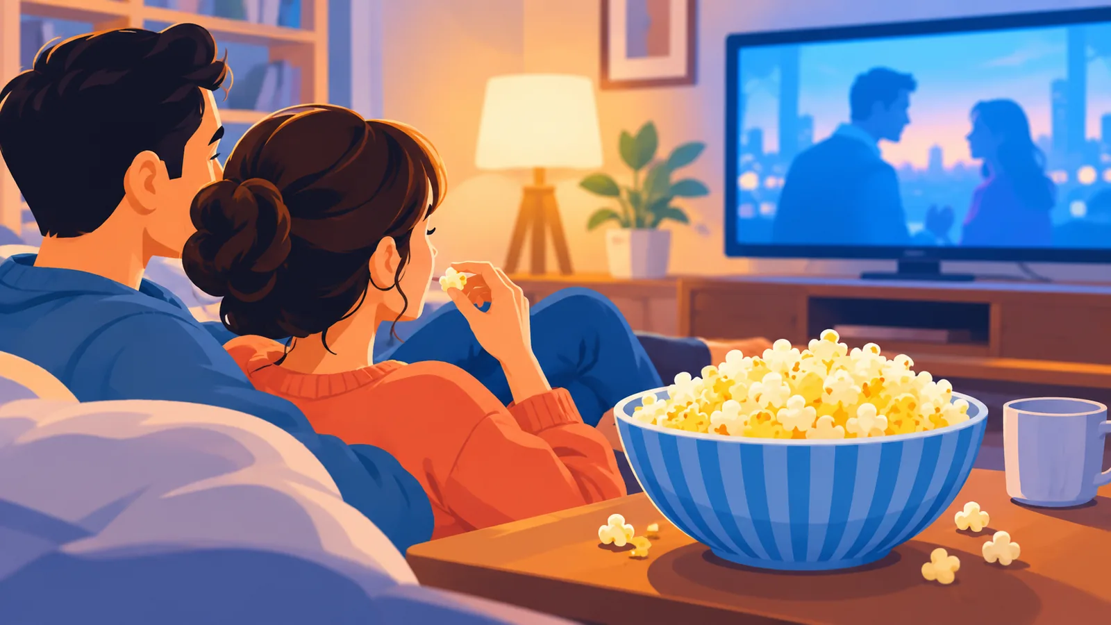 Mangkok ng popcorn sa mesa habang movie night sa sala