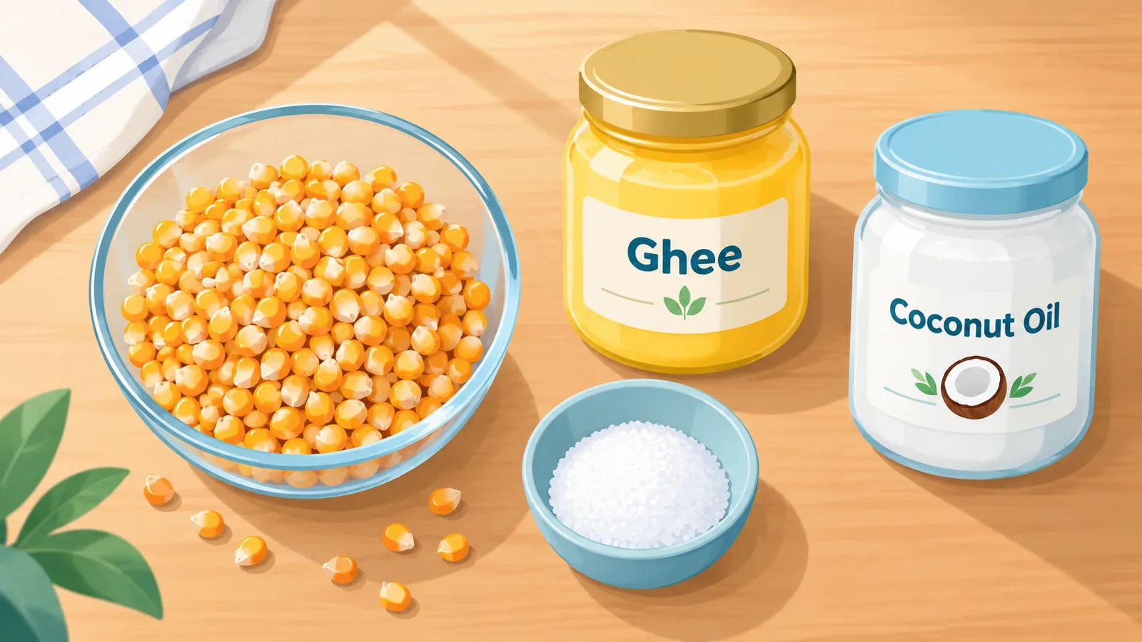 Mga sangkap na kernels, ghee, pinong asin, at coconut oil sa kusina
