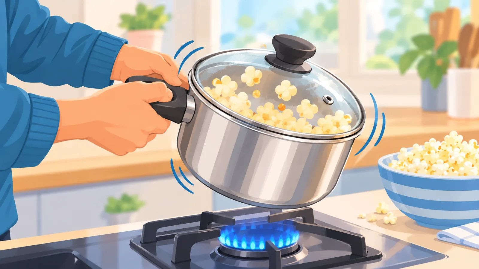 Inaalog na kaldero habang pumuputok ang popcorn sa katamtamang apoy