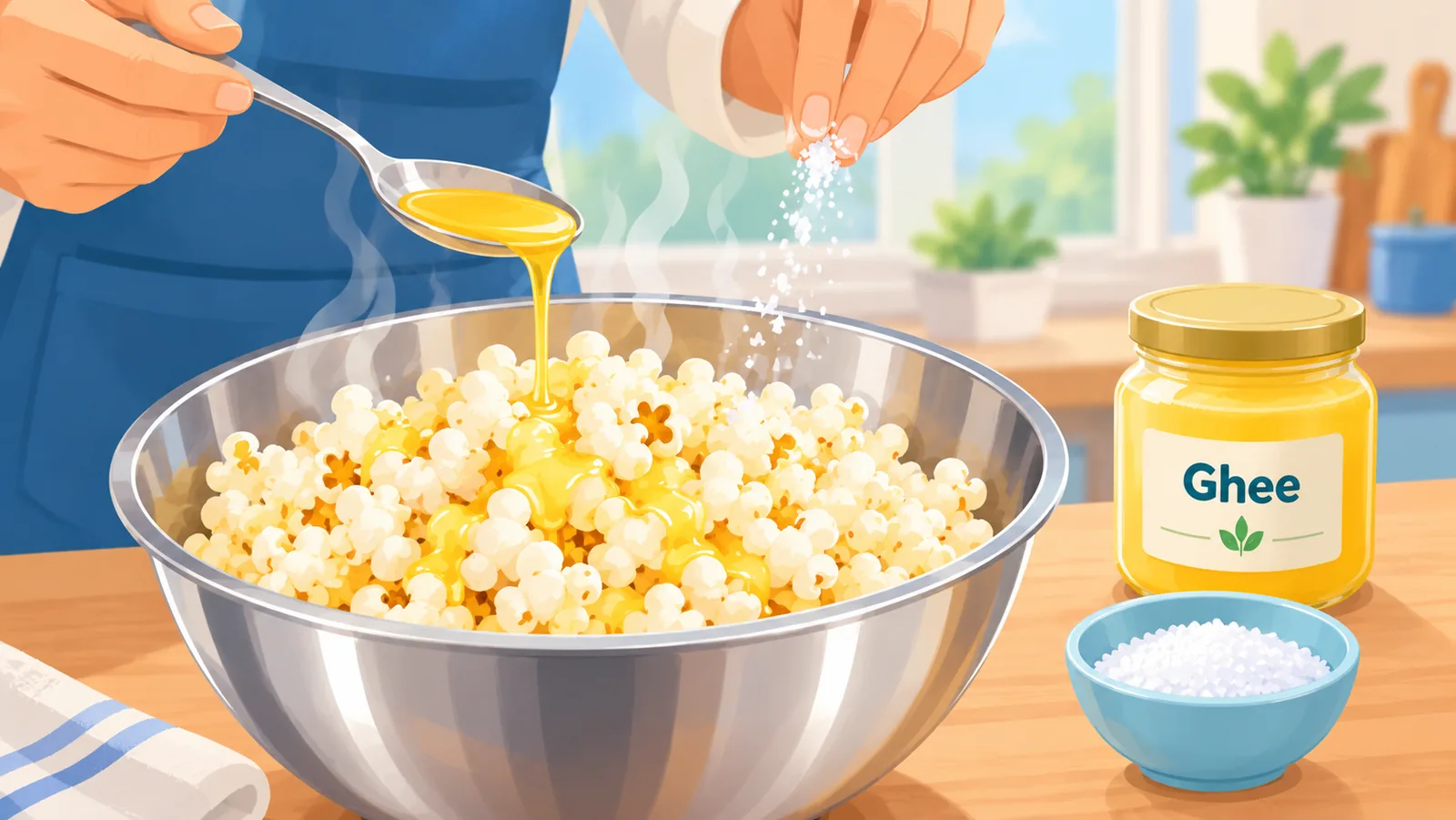 Mainit na popcorn na hinahaluan ng ghee at pinong asin