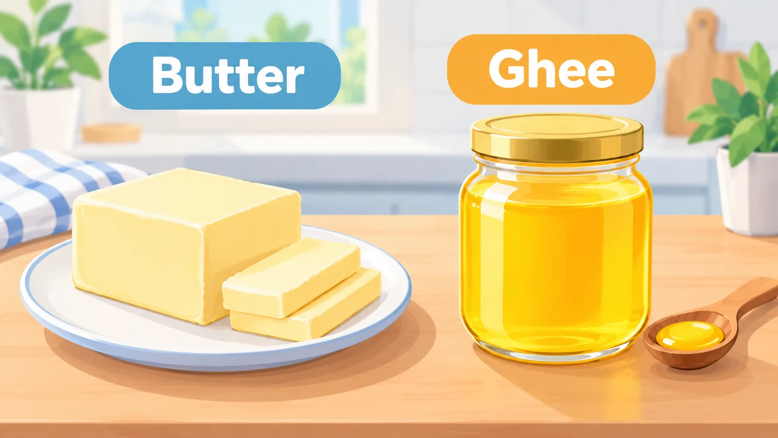Ordinaryong mantikilya at ghee na magkatabi sa kusina