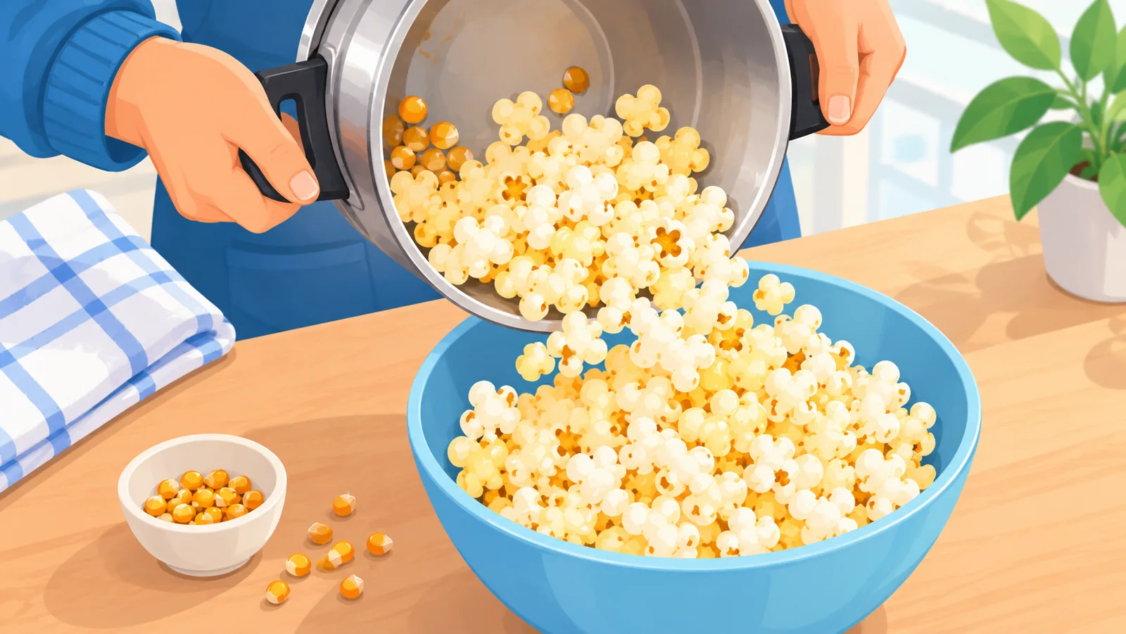 Popcorn na isinasalin mula sa kaldero papunta sa mangkok