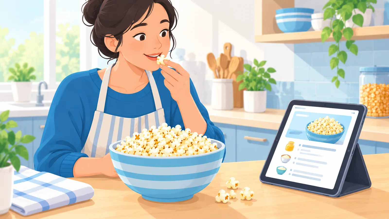 Taong tumitikim ng popcorn habang nakabukas ang recipe sa tablet