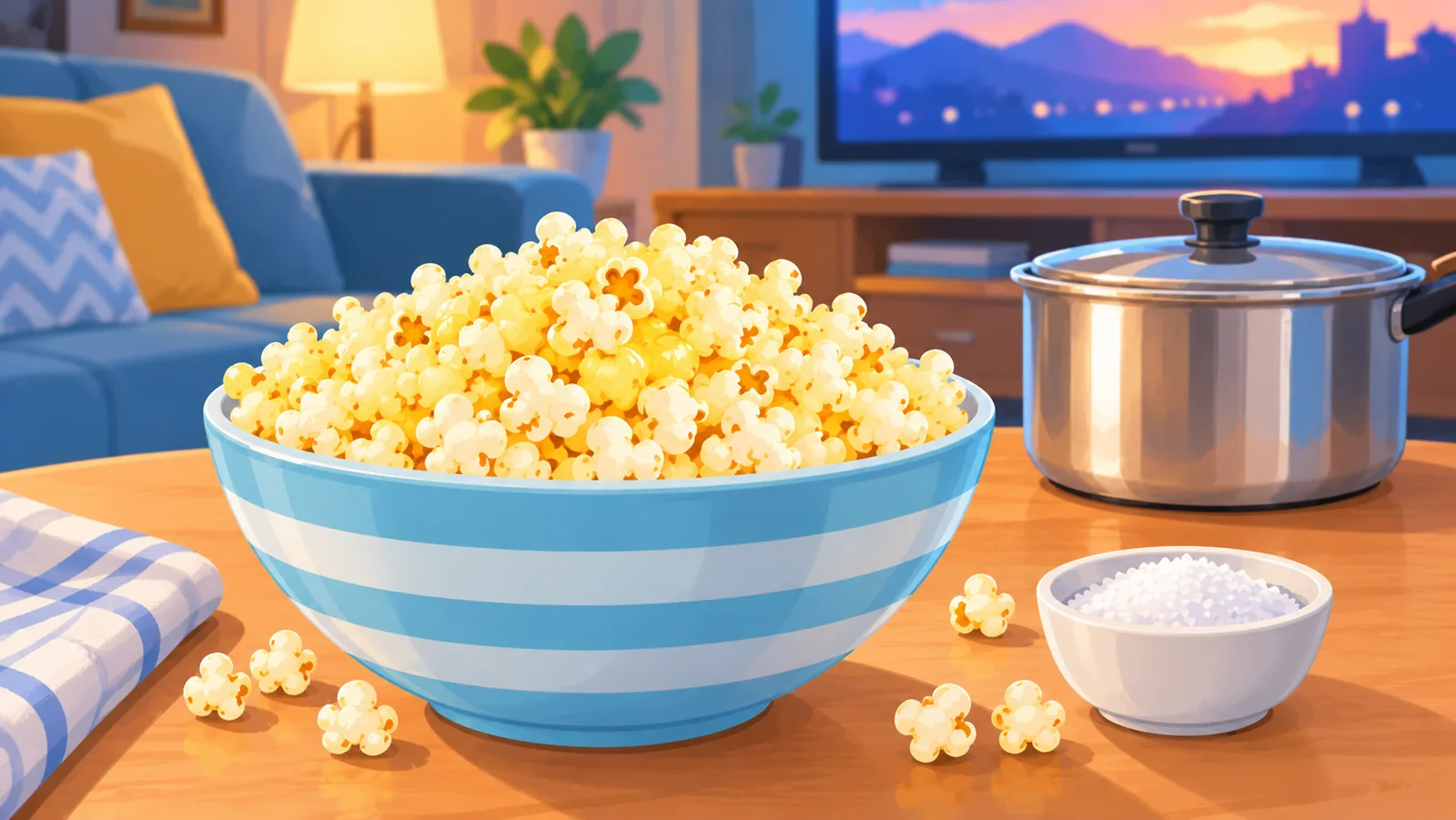 Natapos na mangkok ng buttery popcorn para sa movie night