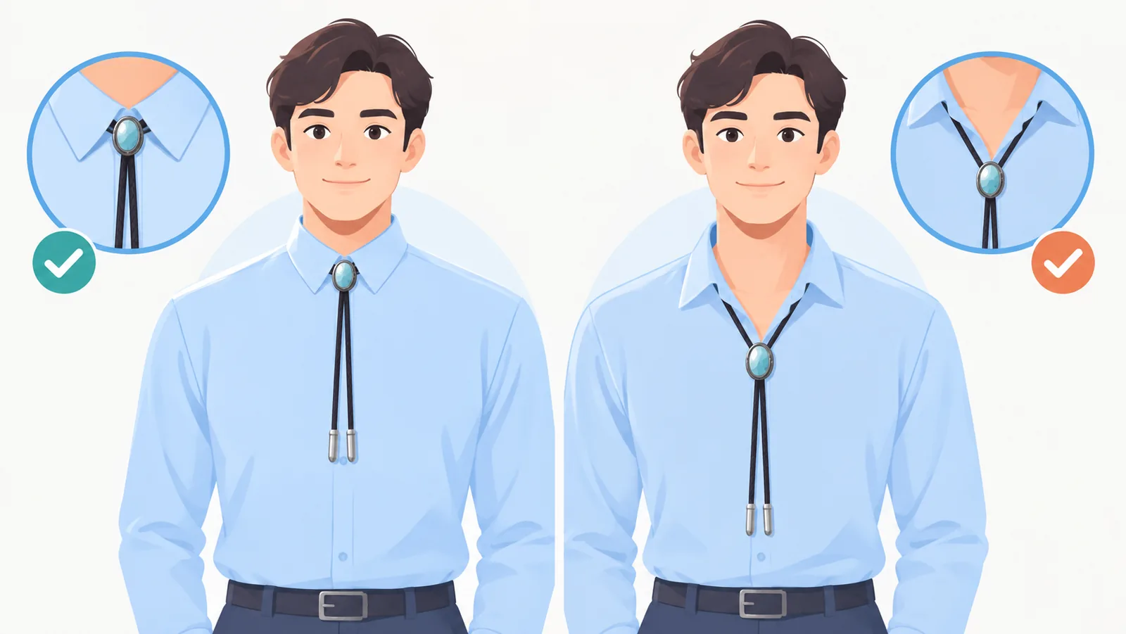 Lalaking inilalagay ang kurdon ng bolo tie sa likod ng leeg